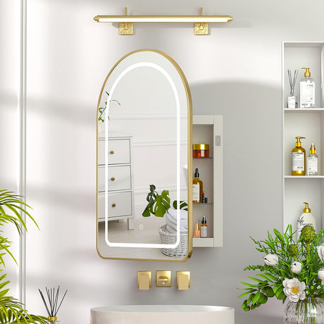 Mepplzian Recessed Medicine Cabinet with Lights,Brushed Gold Arched Medicine Cabinet with Mirror for Bathroom,3-Color Lighted Mirrored Cabinet Wall Mounted,Bathroom Vanity Mirror with Storage,20x31 Mepplzian