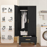 Baborokic Metal Wardrobe Cabinet,71 Armoire Wardrobe Closet with Drawers and Hanging Rod,Metal Armoire with Adjustable Shelves for Closet,Bedroom,Farmhouse Storage Cabinet with Drawer(Black) Baborokic