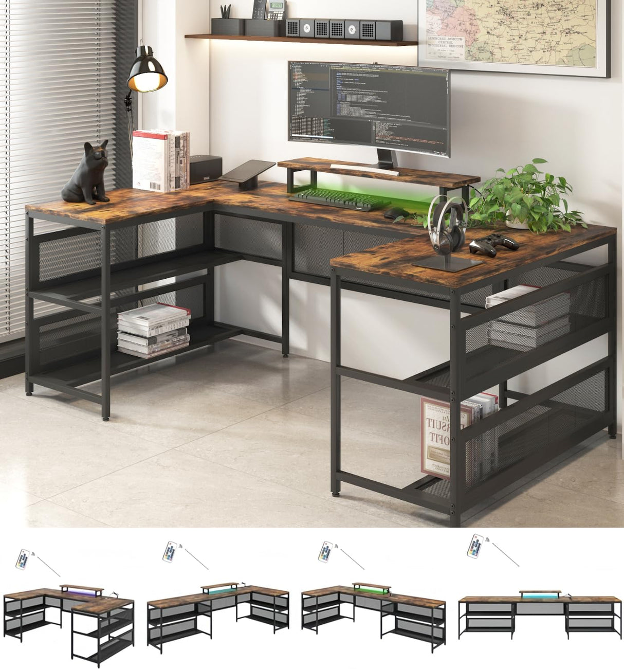 U Shaped Desk with Power Outlets & LED Lights, 82" L Shaped Computer Gaming Desk with Shelves, Corner Desk Office Desk with Monitor Stand & Storage Shelves Large Home Office Desk, Rustic Brown HD BUILT