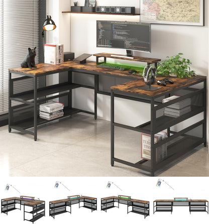 U Shaped Desk with Power Outlets & LED Lights, 82" L Shaped Computer Gaming Desk with Shelves, Corner Desk Office Desk with Monitor Stand & Storage Shelves Large Home Office Desk, Rustic Brown