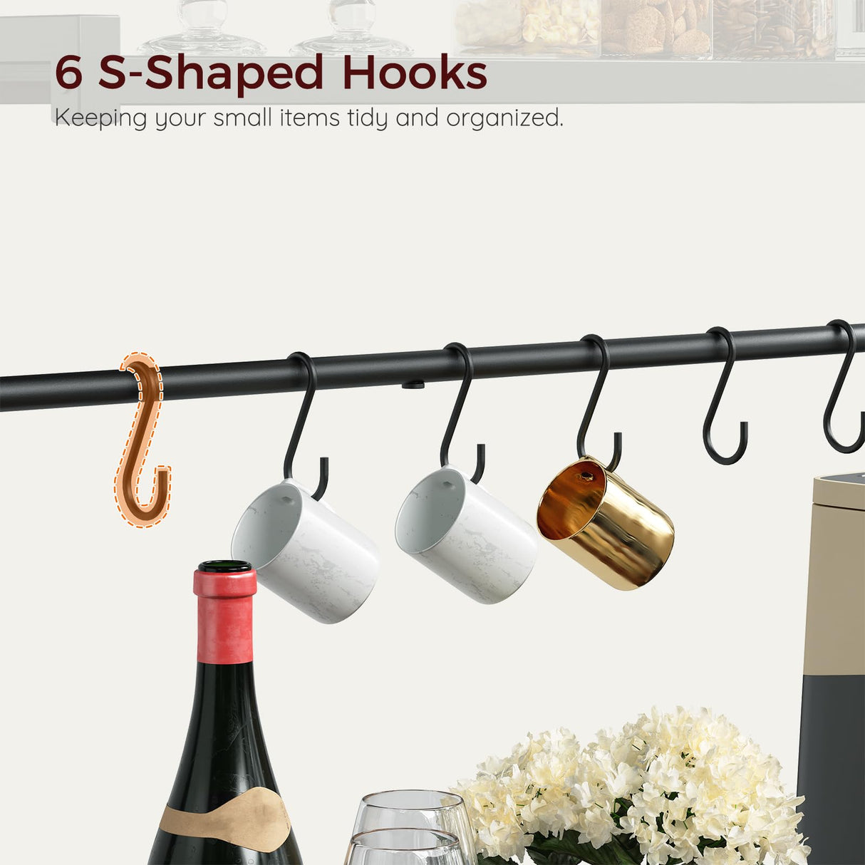 MAHANCRIS Bakers Rack with Storage, Microwave Stand with Power Outlet, Kitchen Storage Shelf with 6 Hooks, Coffee Bar Station 4 Tier, for Kitchen, Dining Room, Rustic Brown and Black BRHR351E01 MAHANCRIS