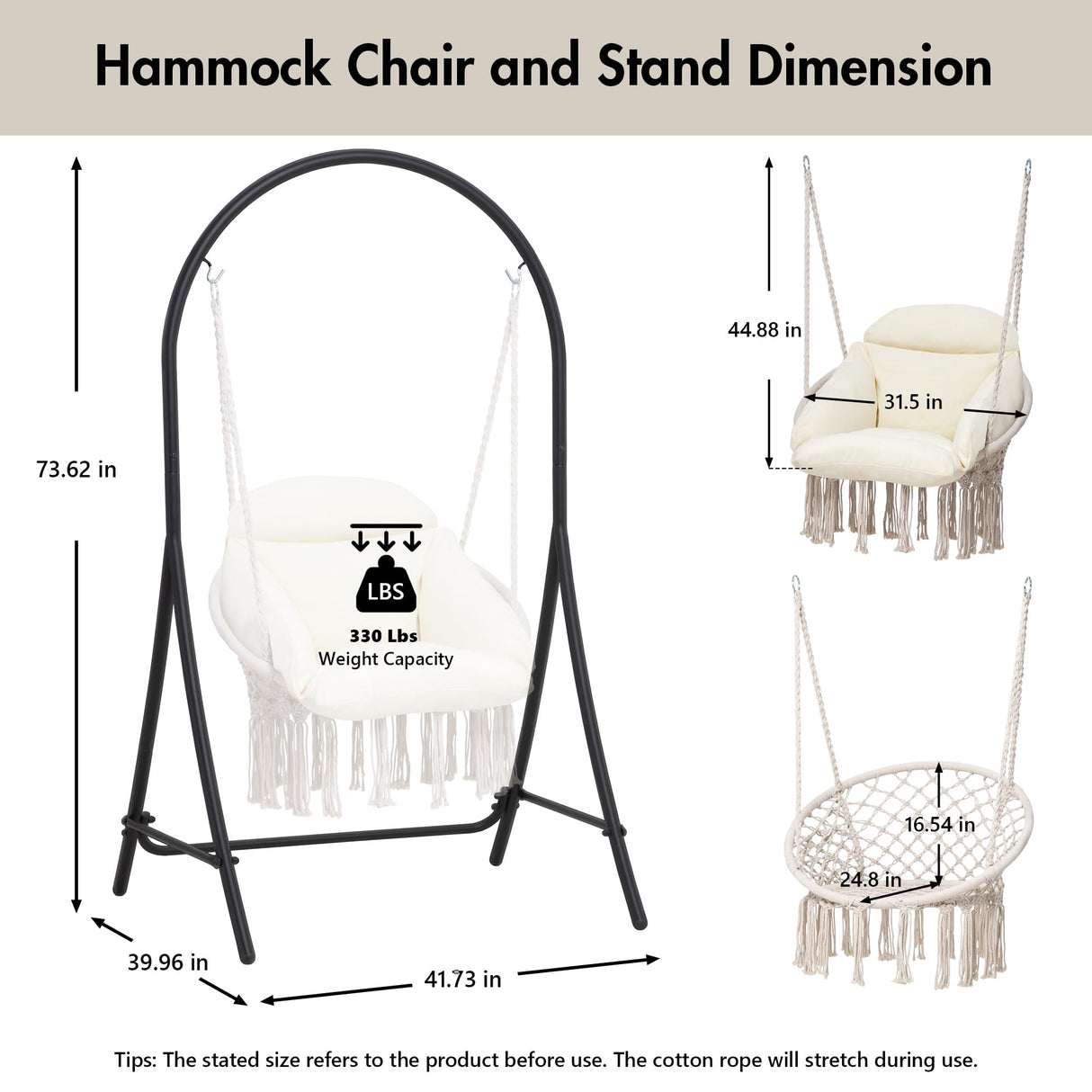 ANOW Macrame Hammock Chair with Stand, Heavy Duty Hanging Chair Stand with Swing Chair, Includes Luxury Padded Cushion, Max 330 Lbs, Natural ANOW