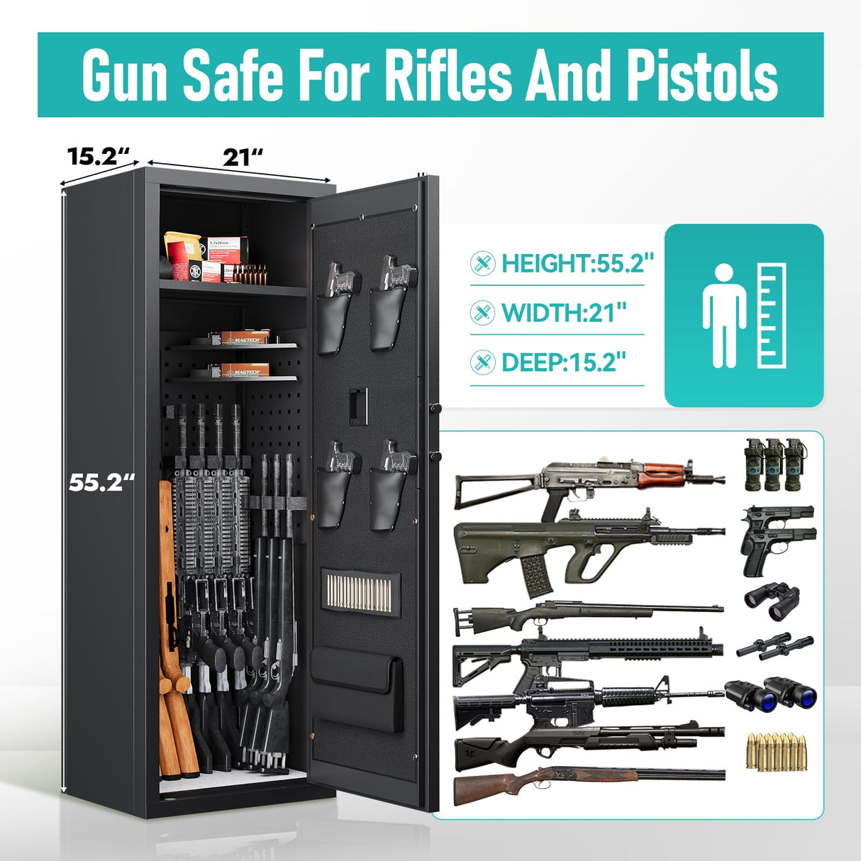 12 Gun Safe, Biometric Gun Safe, Gun Safe for Rifles and Pistols, Clearance Gun Safe, Rifle Safe, Gun Cabinet, Quick Access Gun safe, Large Gun Safe, Gun Safe with Removable Shelf and Gun Rack (A) Xyvaly