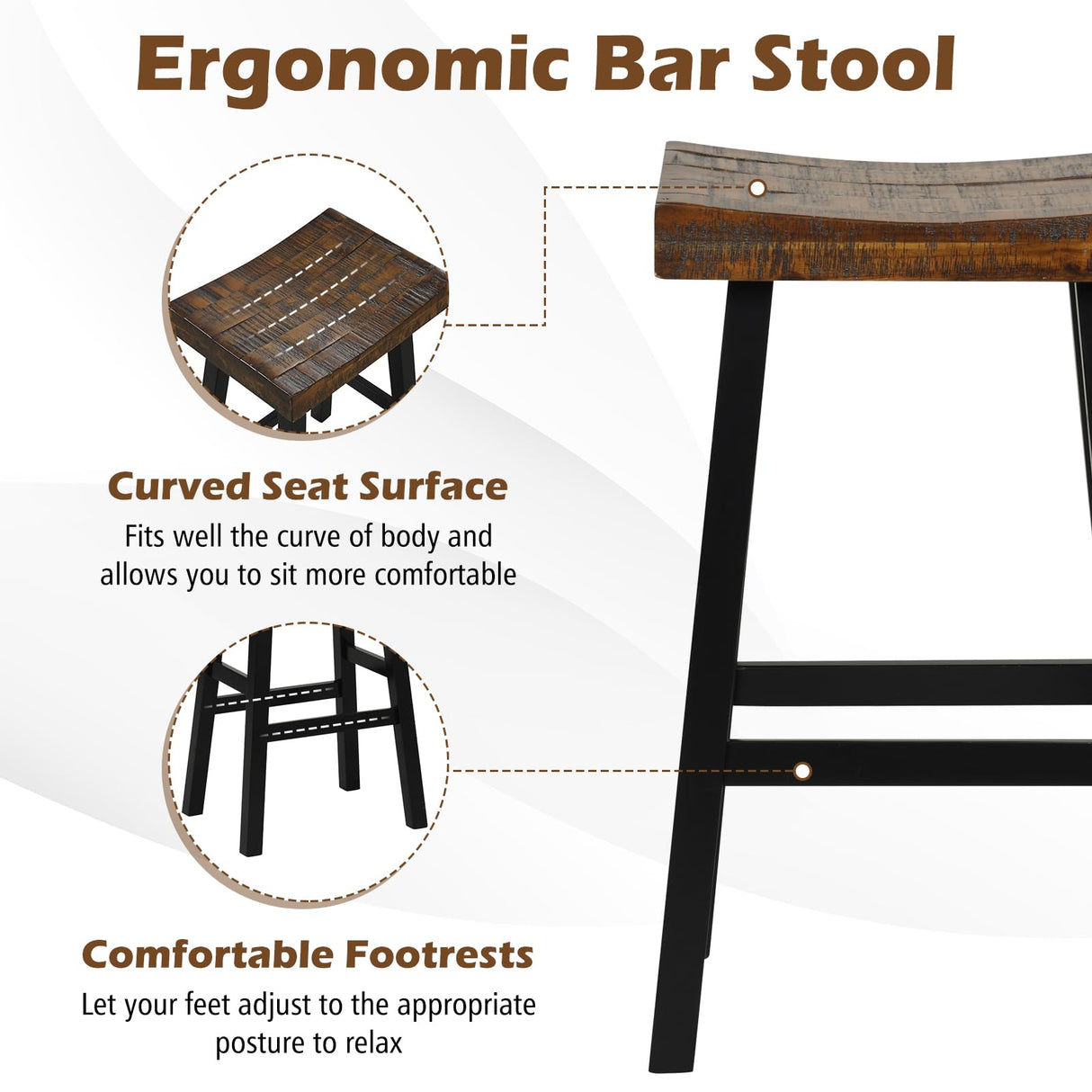 COSTWAY Wooden Saddle Stools Set of 2, 29-inch Bar Height Stools with Curved Seat Surface, Rubber Wood, Acacia Wood, Footrests, Kitchen Island Counter Stools for Restaurant Cafe Pub, Brown+Black COSTWAY