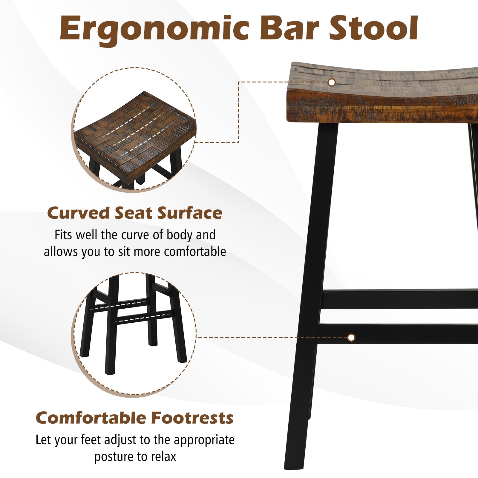 COSTWAY Wooden Saddle Stools Set of 2, 29-inch Bar Height Stools with Curved Seat Surface, Rubber Wood, Acacia Wood, Footrests, Kitchen Island Counter Stools for Restaurant Cafe Pub, Brown+Bl - WoodArtSupply