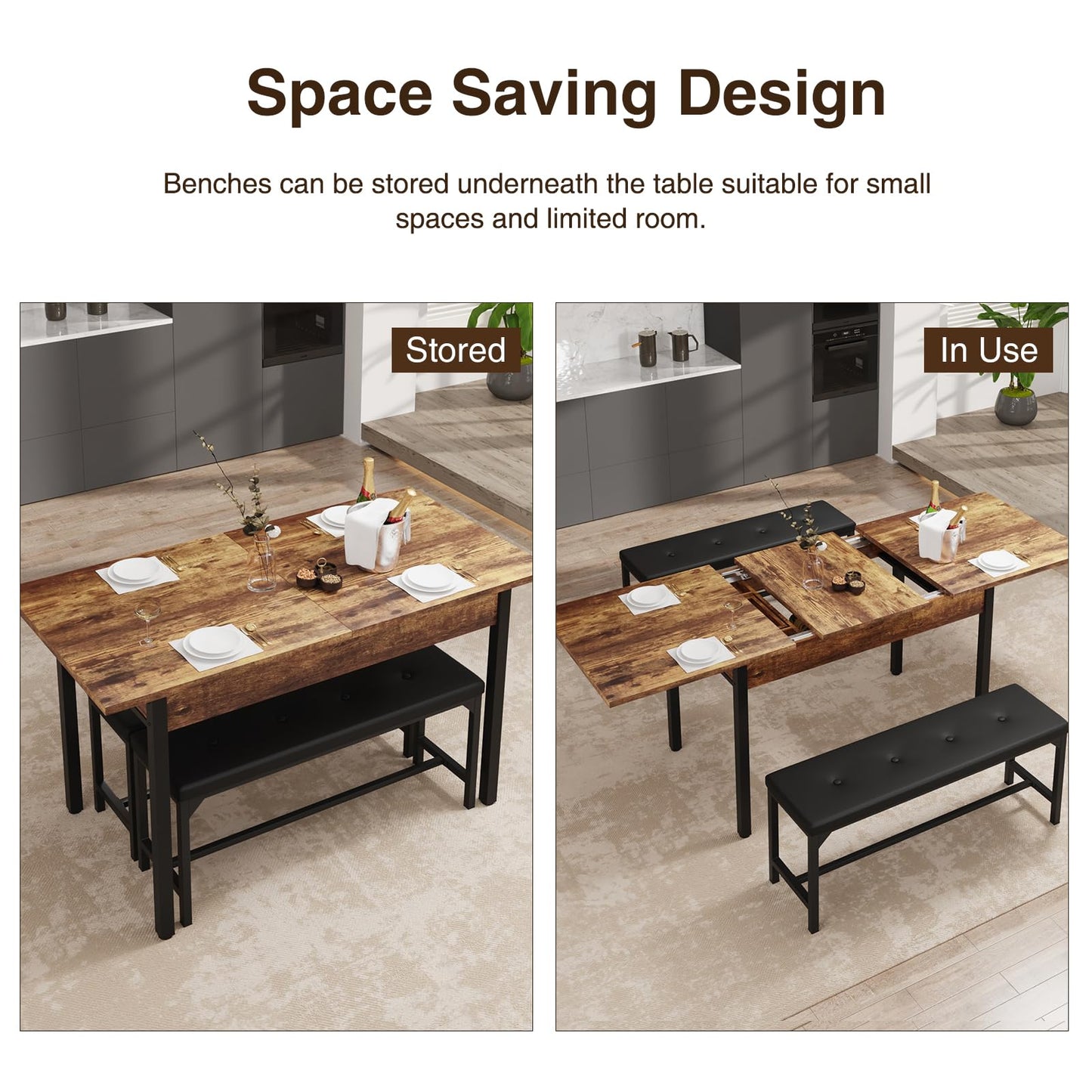 Halitaa 3-Piece Dining Table Set for 4-8, Kitchen Table Set 63" Extendable Dining Room Table Set with Metal Frame & Wooden Board Drawer and 2 Upholstered Benches (Rustic Brown) - WoodArtSupply