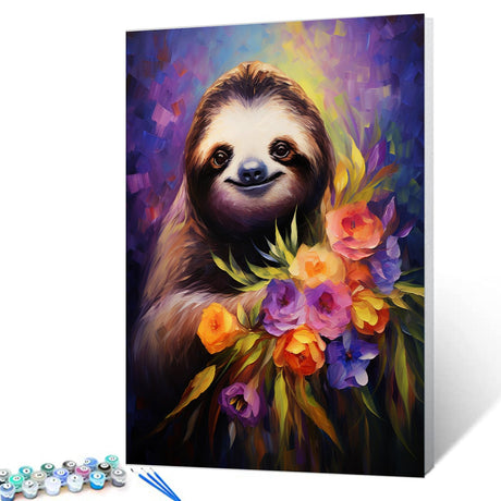 Tucocoo Funny Sloth Paint by Number for Adults, DIY Oil Painting Kits on Canvas with Brushes and Acrylic Pigment, Abstract Flowers Animal Hand-Painted Style for Home Decor 16x20 inch (Frameless) Tucocoo