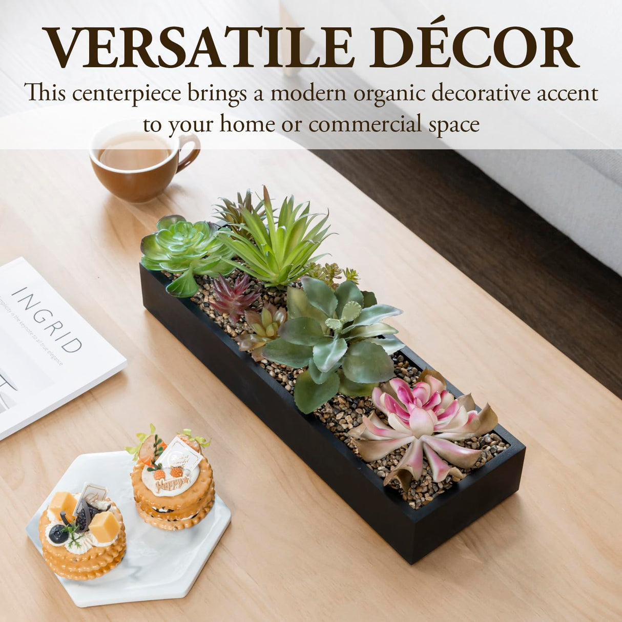 MyGift Artificial Assorted Succulent Arrangement in Rectangular Black Wood Planter Box, Fake Plant Decor MyGift