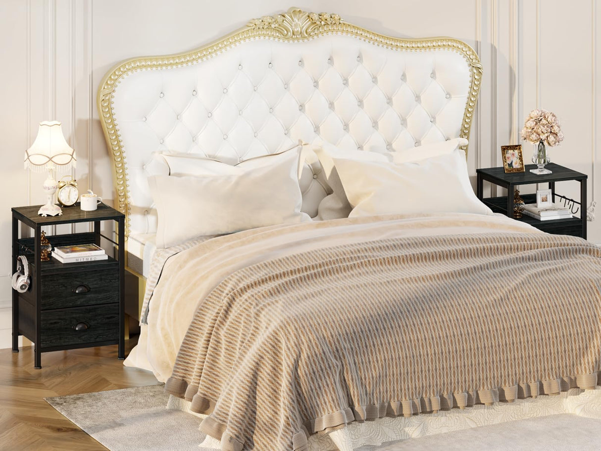 Furologee Nightstands Set 2, End Tables with 2 Fabric Drawers, Bedside Tables with Hooks and Shelf, for Bedroom/Living Room/Study/Black Oak Furologee