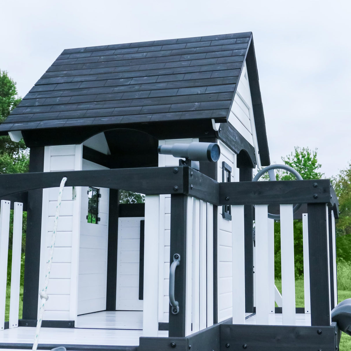 Backyard Discovery Canyon Creek White Cedar Wood Swing Set with Wave Slide, Clubhouse, Play Kitchen, Picnic Area, Belt Swings, Web Swing, Rock Wall, Balconies, Playhouse, Step Ladder, Outdoor Playset Backyard Discovery