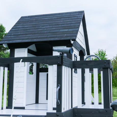 Backyard Discovery Canyon Creek White Cedar Wood Swing Set with Wave Slide, Clubhouse, Play Kitchen, Picnic Area, Belt Swings, Web Swing, Rock Wall, Balconies, Playhouse, Step Ladder, Outdoor Playset Backyard Discovery