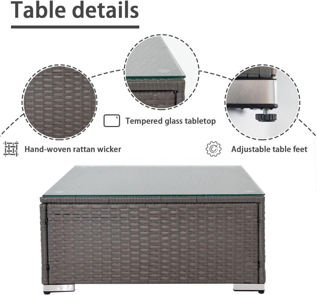 Oakcloud 7-Piece Outdoor Patio Furniture Set Grey Rattan Wicker Sectional Sofa Conversation Sets with Cushions and Glass Top Table (Dark Blue) Oakcloud