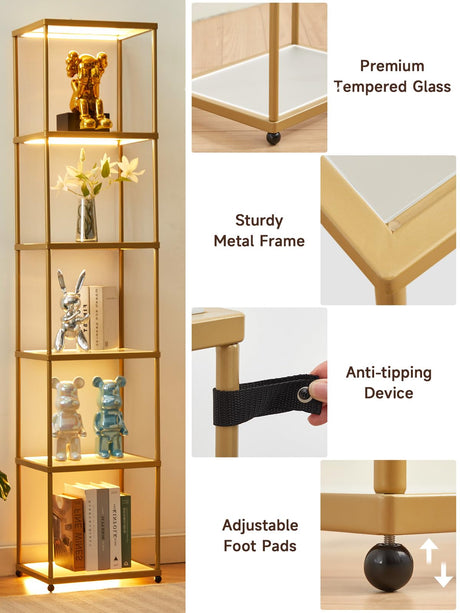MANBUR Display Shelf with Dimmable LED Floor Lamp, Display Cabinet with Glass Bookcase, Home Decor, Bedroom Decor, Bookshelf with Light, Open Book Shelf with 6-Tier Shelf for Living Room Decor Gold MANBUR