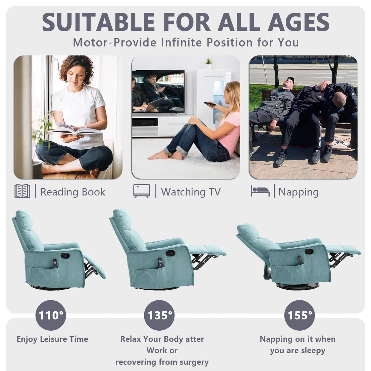 Massage Chair Recliner with Heat, Swivel Rocking Chair Recliner with High Back, Manual Nursery Recliners for Adults,Small Recliner Chair for Small Spaces, Living Room Bedroom, Fabric (Blue Green) Thctvous