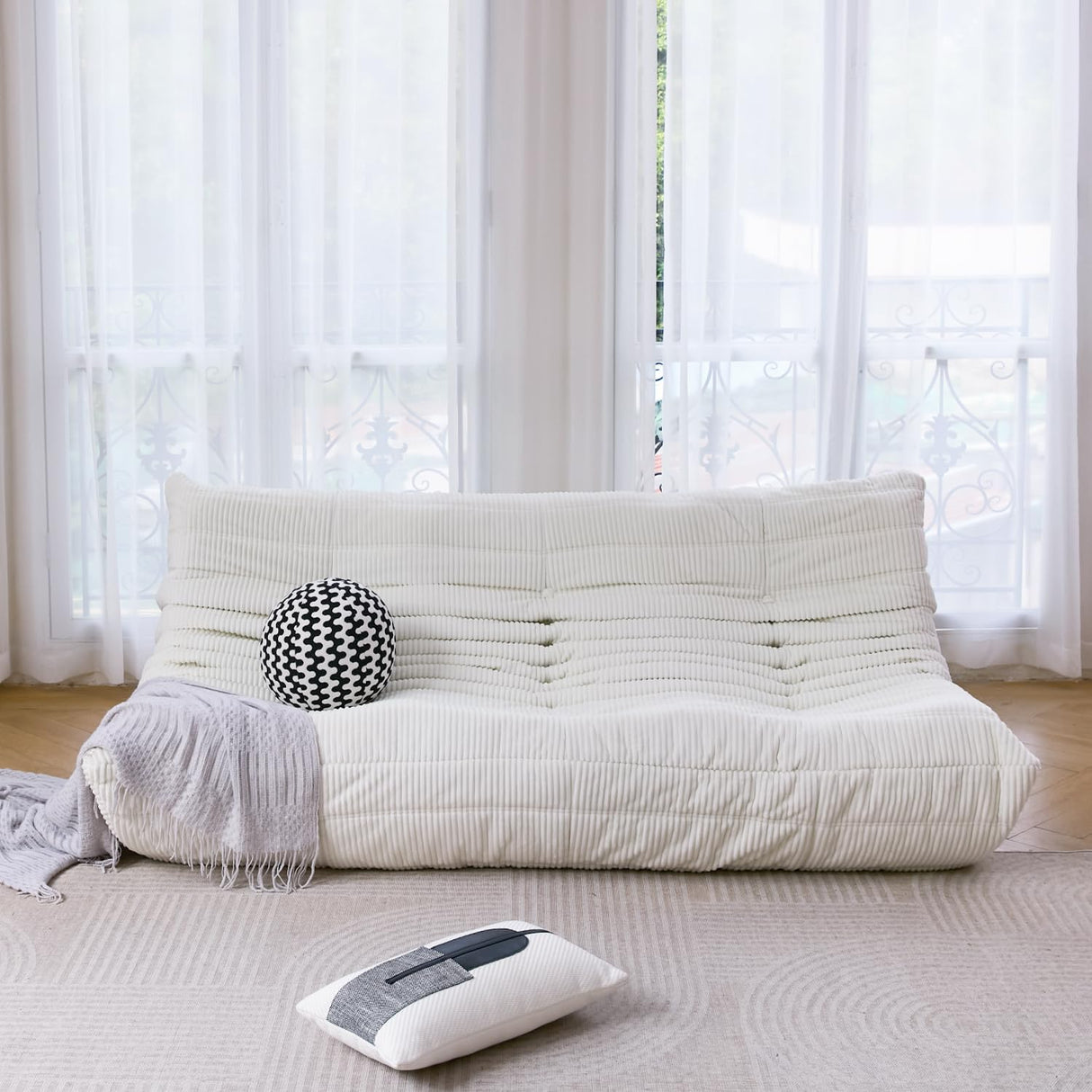 N&V Fireside Three Seater Sofa, Mid Century Armless Twin Size Floor Lounge Chair, Soft Premium Corduroy Floor Sofa, Accent Chair for Living Room, Bedroom (Brown Sugar) N&V