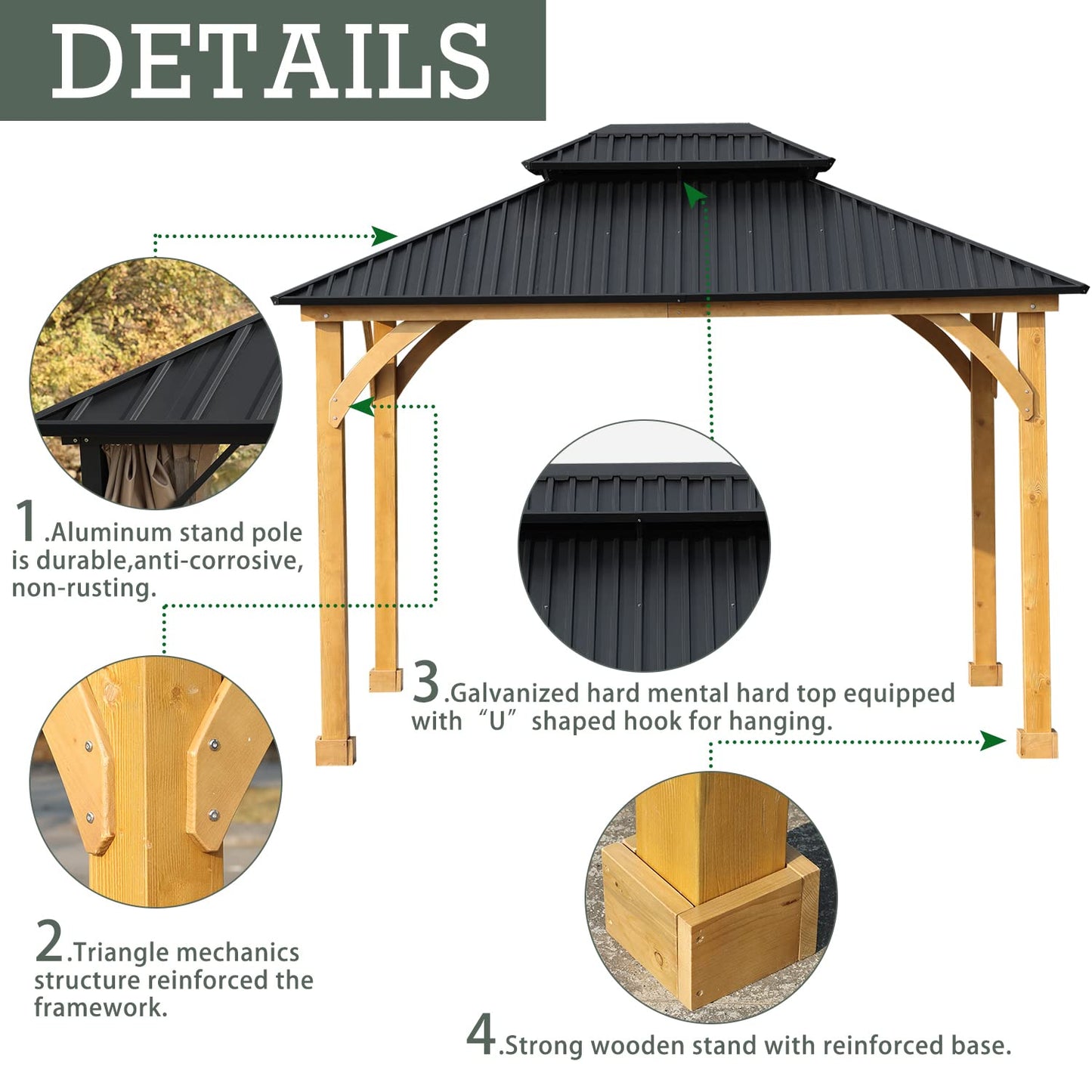 Aoodor 12 x 10 ft. Outdoor Solid Wooden Frame Gazebo with 2-Tier Hardtop Roof, for Patio Backyard Deck and Lawns - Black Canopy