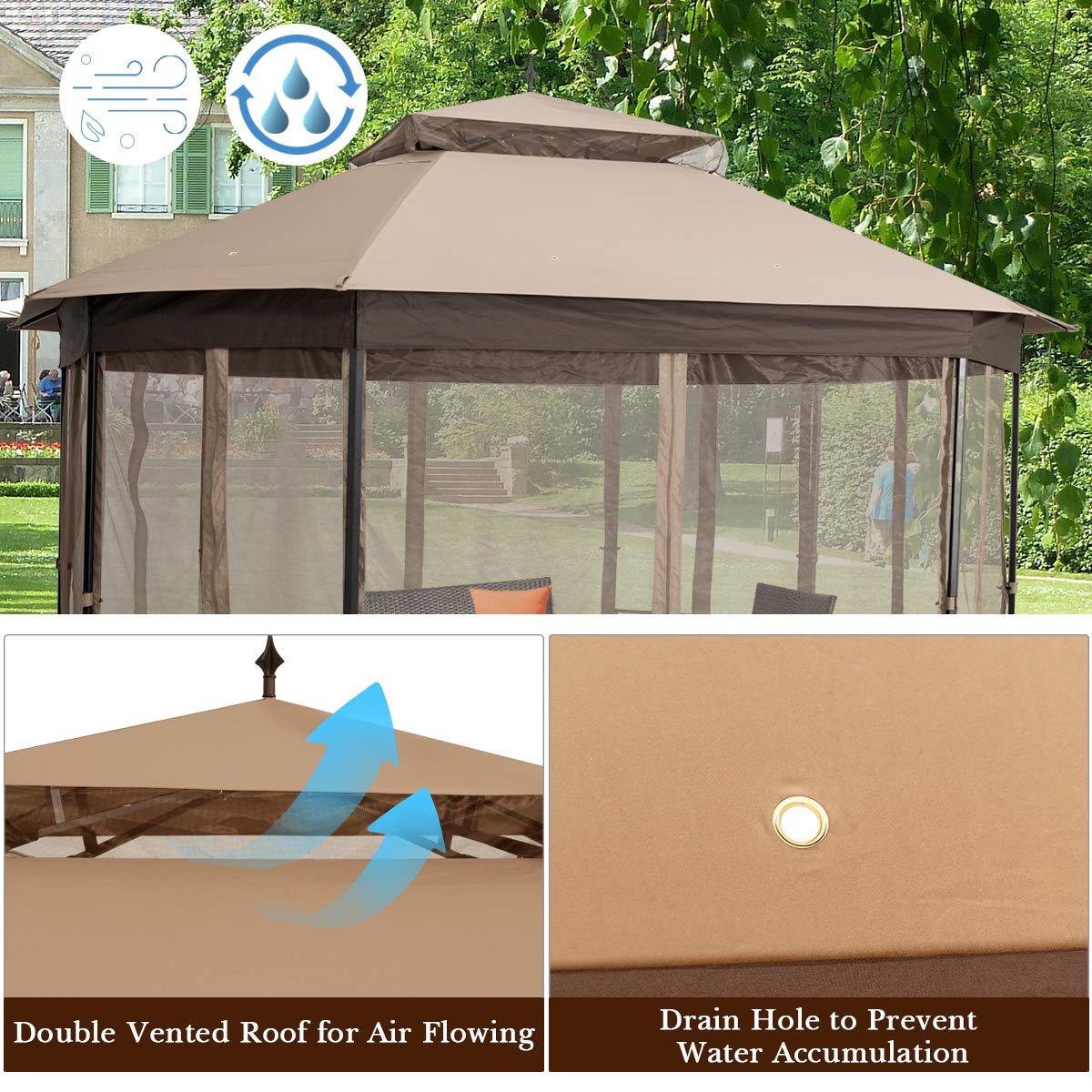 Tangkula 10 x 12 Ft Patio Gazebo, Heavy Duty Octagonal Gazebo Canopy w/Netting Sidewalls & Sturdy Steel Frame, Double Roof Vented Gazebo Canopy Tangkula