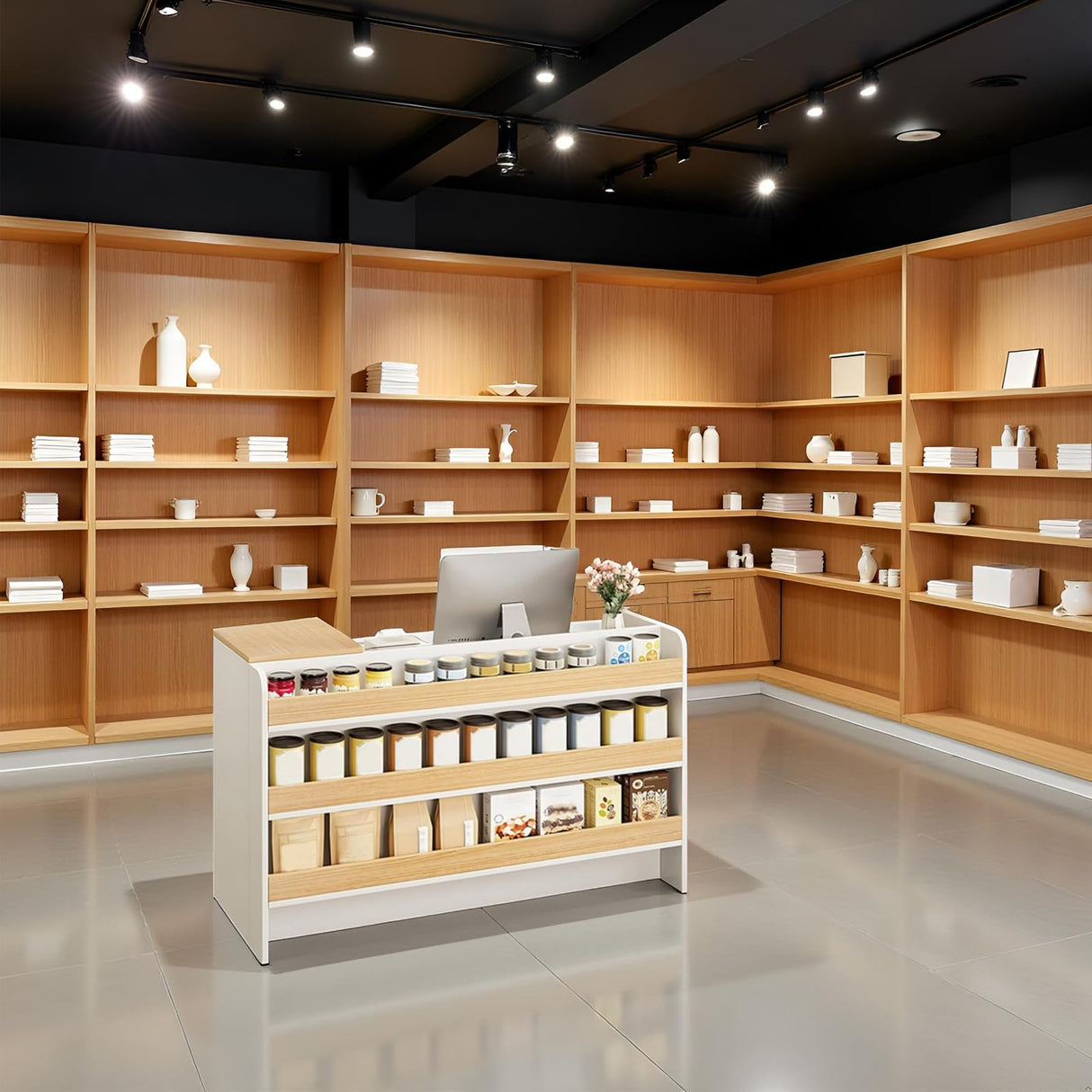 Modern Reception Desk Counter, Retail Counter Reception Desk with Lockable Drawers, Retail Checkout Counter with Open Shelves ZGGJZKV