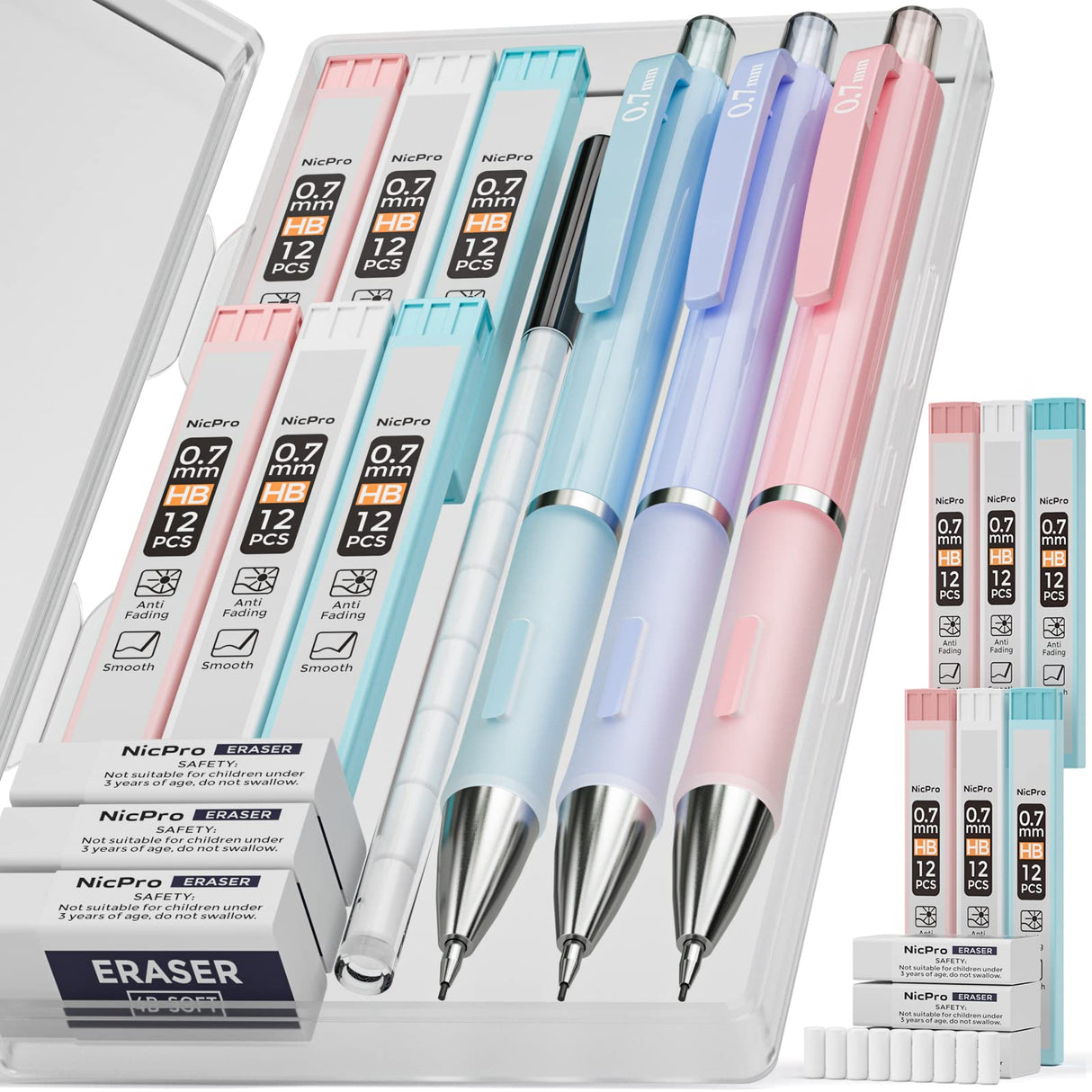 Nicpro 3PCS Pastel Mechanical Pencil Set with Case, 0.7 mm Pencils with 6 Tube HB Lead Refill, 3PCS Eraser, 9PCS Eraser Refill for School Supplies Student Writing, Drafting Drawing Sketching Nicpro