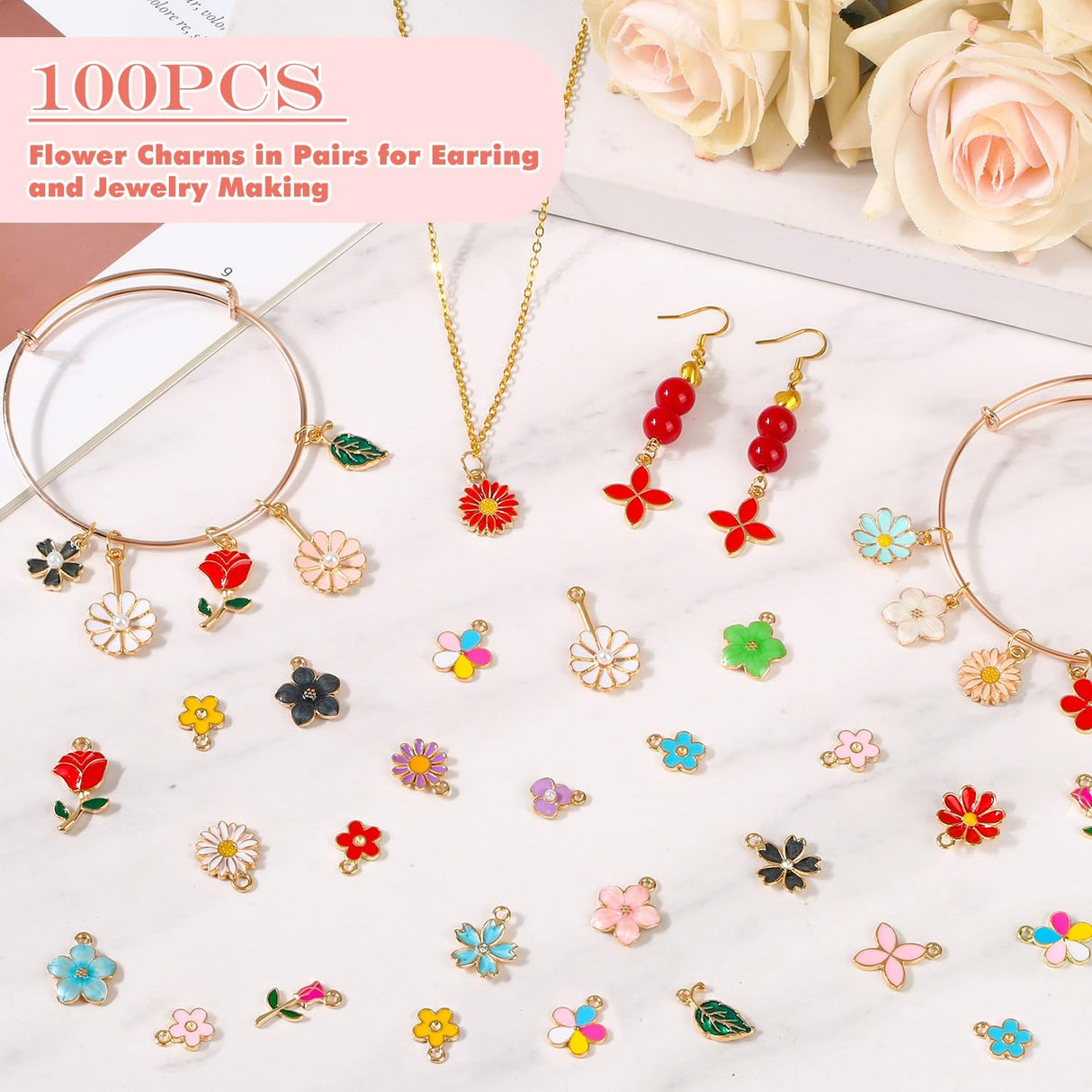 Acejoz 100Pcs 50 Pairs Flower Charms for Jewelry Making, Wholesale Assorted Enamel Mixed Bulk Metal Earring Charms for DIY Necklace Bracelet Earring Jewelry Making and Crafting Acejoz