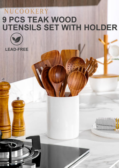 Nucookery Wooden Cooking Utensils Set with Holder, Teak Wood Kitchen Utensils Set, Ceramic Utensils Holder for Countertop, Nonstick Wooden Spoons for Cooking Spatula Set 10 Pcs, Natural Kitch - WoodArtSupply