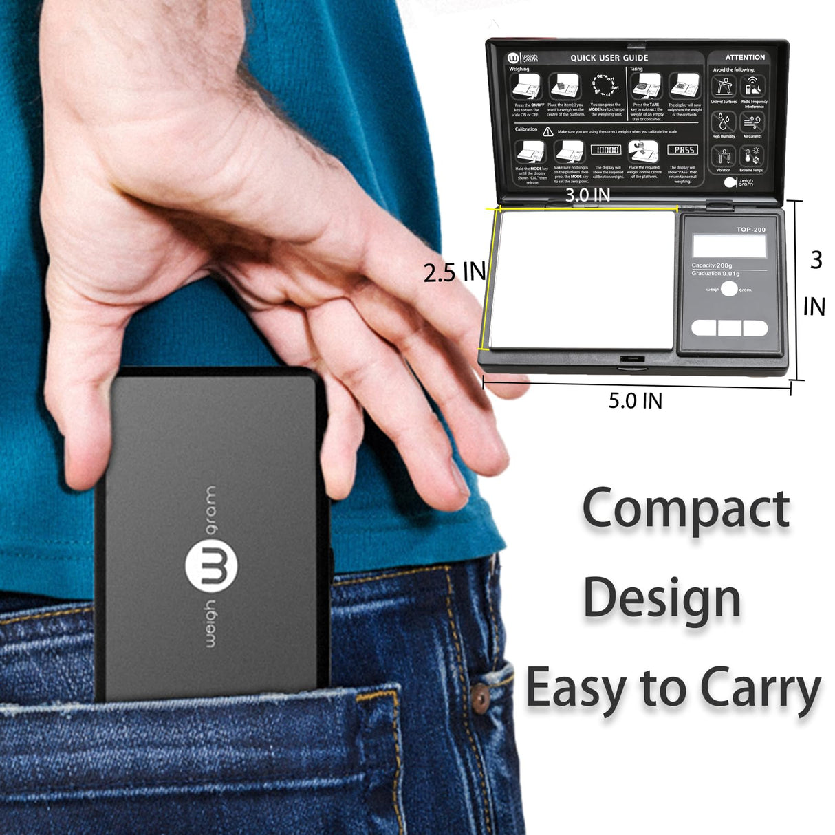 Weigh Gram 200g Digital Pocket Gram Scale 0.01g Accuracy, 200g x 0.01g Mini Digital Grams Scale, Small Food Scale, Jewelry Scale, Ounces Grains Scale With100g Calibration Weight Weigh Gram