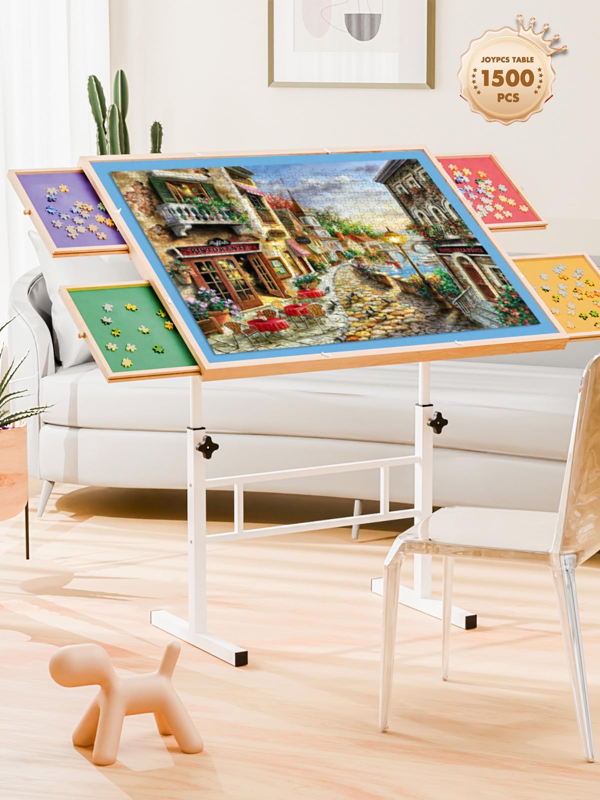 1500 Piece Puzzle Table with Adjustable Metal Legs, 35"x26" Jigsaw Puzzle Tables for Adults with Colorful Drawers, Tilting Puzzle Board | Wooden Top & Blue Felt, Gifts for Puzzle Lovers - WoodArtSupply