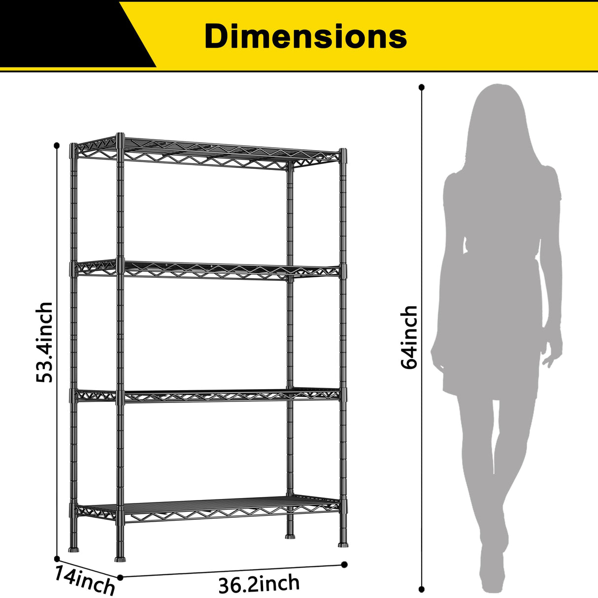 GIOTORENT 4-Wire Garage Shelving Storage Shelves, Metal Shelf Organizer 1400Lbs Capacity, Kitchen Storage Adjustable Shelf for Laundry Bathroom Pantry Closet, Black 36.2''L x 14''W x 53.4''H GIOTORENT