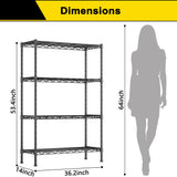 GIOTORENT 4-Wire Garage Shelving Storage Shelves, Metal Shelf Organizer 1400Lbs Capacity, Kitchen Storage Adjustable Shelf for Laundry Bathroom Pantry Closet, Black 36.2''L x 14''W x 53.4''H GIOTORENT