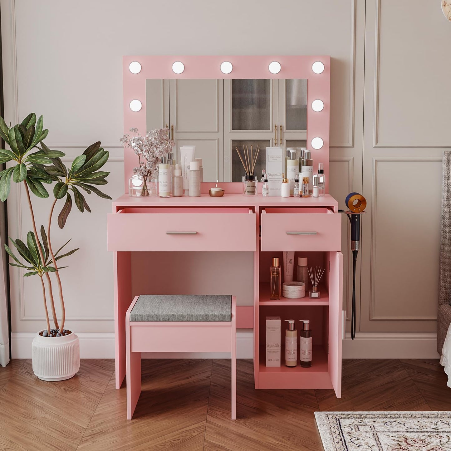 Viaozutis Vanity, Vanity Desk with Mirror, Large Drawer and Power Socket with 11 Light Bulbs and 3 Adjustable Lighting Modes, Vanity Table Ideal for Bedroom (Pink)