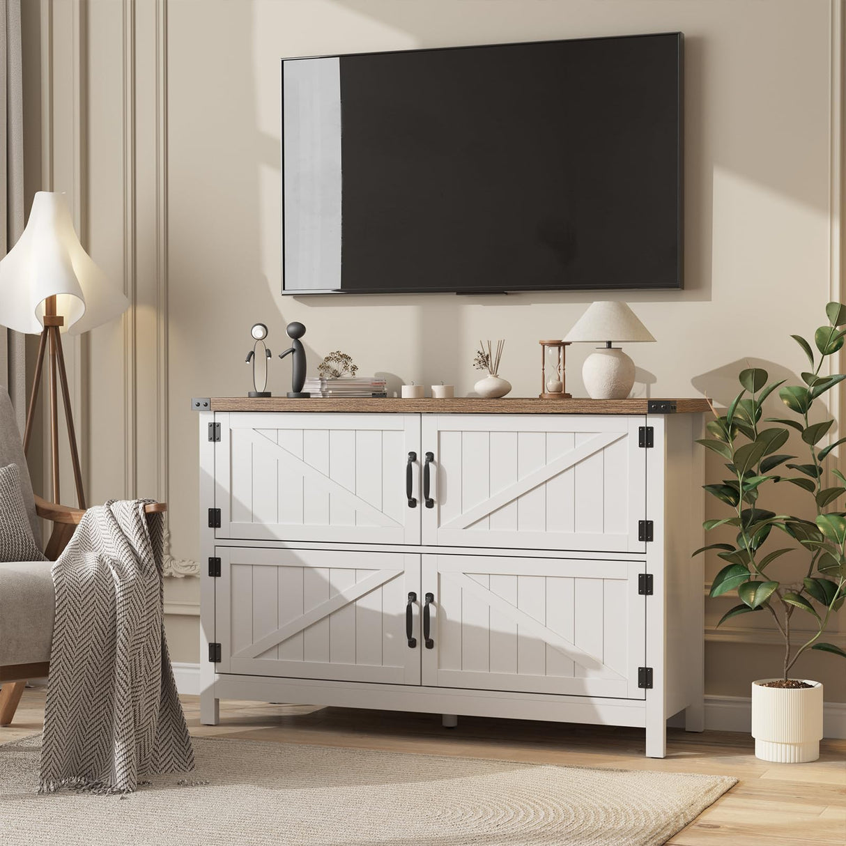 Vabches Storage Cabinet with 4 Barn Doors, 47.3'' Coffee Bar Buffet Cabinet, Sideboard Buffet Cabinet for Dinning Room, Kitchen & Living Room,White Vabches