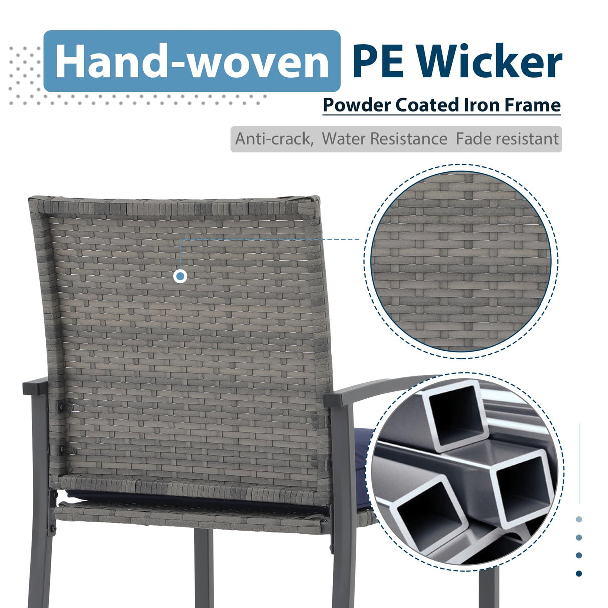 JOIVI 3 Piece Patio Bar Set, Outdoor Wicker Counter Height Bar Stools and Wood Top Table Set for 2 People, Bar Height Table Bistro Set with 2 Bar Chairs and Cushions for Backyard, Balcony JOIVI