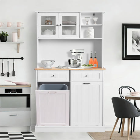 LOUVIXA Kitchen Pantry Storage Cabinet, Microwave Cabinet with Tilt Out Trash Cabinet,Tall Pantry Cabinet Cupboard, Freestanding Kitchen Hutch (White) LOUVIXA