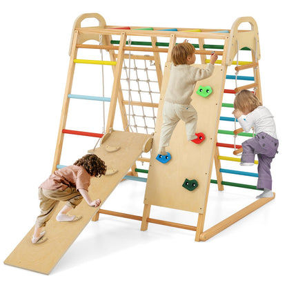 INFANS Indoor Jungle Gym, 8 in 1 Kids Montessori Indoor Playground Climbing Playset for Toddlers with Slide Swing Net Monkey Bars Rope Ladder, Wood Climber Toys for Boys Girls