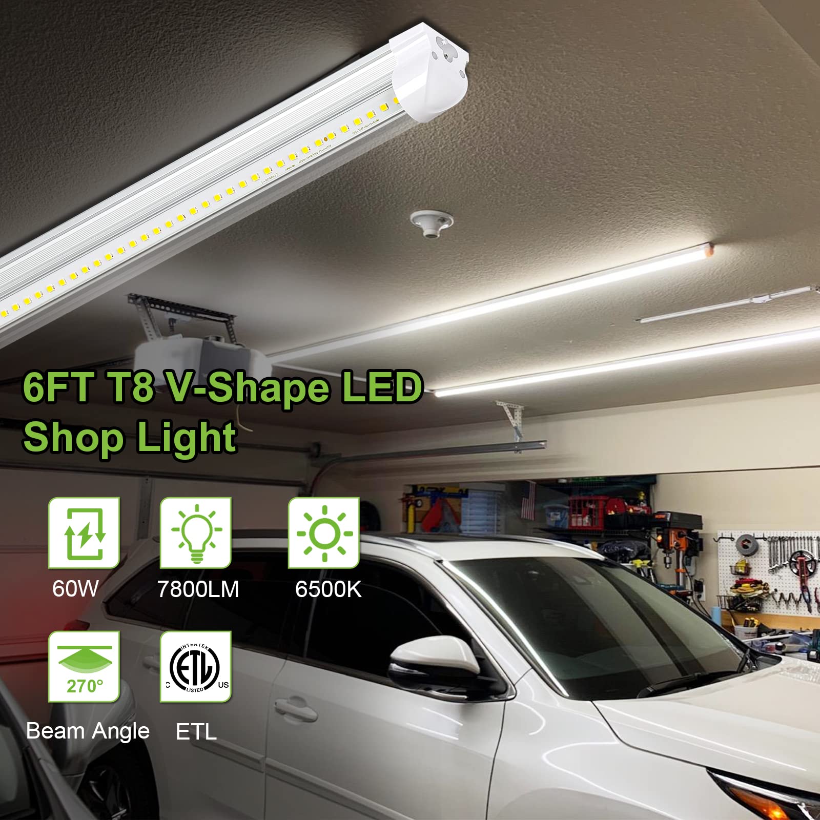 hykolity 60W 6FT LED Shop Light, 7800lm 6500K Super Bright White Linkable Ceiling Light Fixture, V Shape Integrated T8 LED Tube Light with Built-in ON/Off Switch for Workbench, Cabinet, ETL,  - WoodArtSupply