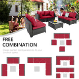 OUGMMGOU 7 Piece Patio Furniture Set, All-Weather Wicker Outdoor Conversation Set with Sectional Sofa, Rattan PE Wicker Seating, Glass Coffee Table, and Cushions (Coffee-Red, Z7) OUGMMGOU
