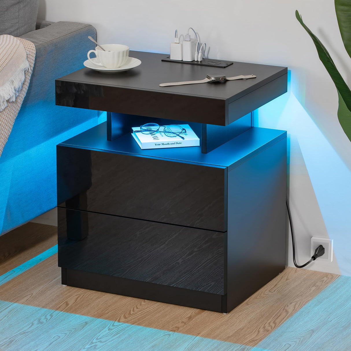 HOMMPA LED Nightstand with Wireless Charging Station & USB Ports, Modern Bedside Table, Black Night Stand with Open Compartment, Smart Nightstand High Gloss Surface for Bedroom HOMMPA