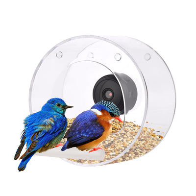 Clear Window Bird Feeder with Wifi Camera Suction Cup, Smart Transparent Round Birdfeeder with 16GB TF Card Photo Taking Video Recording IR Night Vision, Outside Birdhouse for Close Up View Outdoors