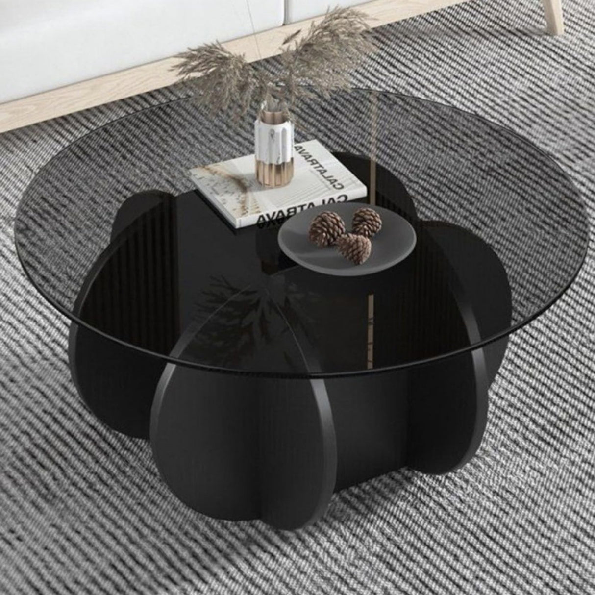 Black Coffee Table, 31.5" Round Glass Coffee Table for Living Room Mid Century Modern Coffee Table Unique Center Table with Wood Base Circle Coffee Ta dnziqi