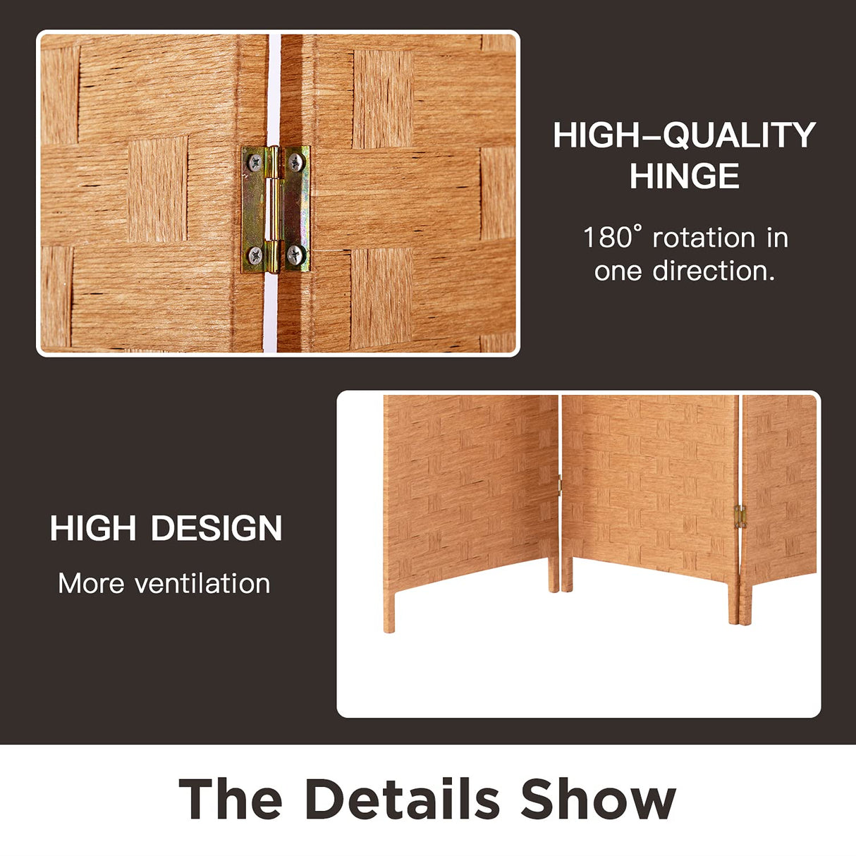 Wood Mesh Woven Design 4 Panel Folding Wooden Screen Room Divider FDW