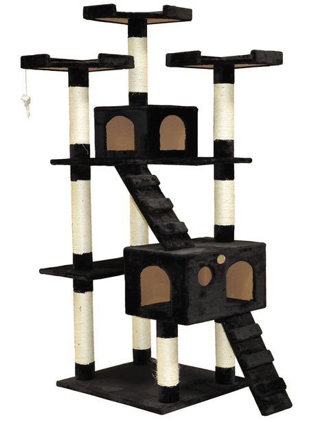 Go Pet Club 72" Tall Cat Tree Tower with Cat Condos - Large Cat Tree - Cat Tower for Indoor Cats - Play Scratch Hide Climb Activity Furniture with Toy - Black Go Pet Club