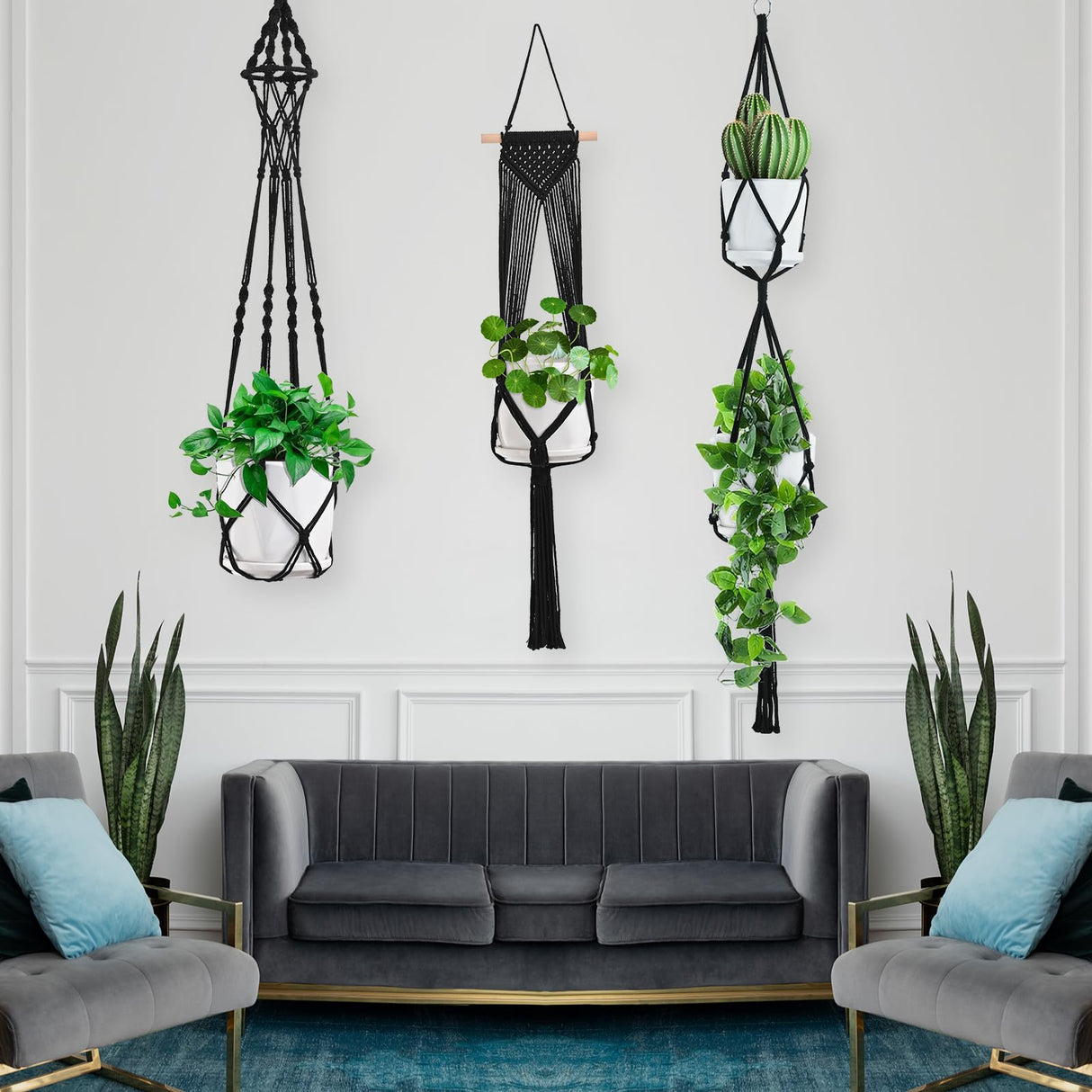 Macrame Plant Hangers, 6Pack Hanging Plant Holders Indoor w/ 6 Set Hooks Handmade Cotton Rope Plant Hangers Set Flower Pots Holder Stand Boho Home Decor Hanging Planters for Indoor Outdoor Plants TAOZIM