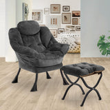 Congermom Lazy Chair with Folding Ottoman,Leisure Sofa Chair,Soft Fabric Armchair with Armrests and Side Pockets, Reading Chair with Footrest for Living Room, Bedroom, Office (Plush Dark Grey) Congermom