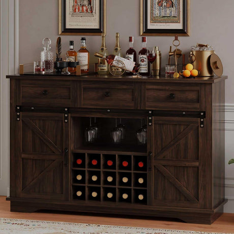4ever2buy Farmhouse Coffee Bar Cabinet with Sliding Barn Door, Wine Bar Cabinet with Storage, 54 Inch Coffee Bar with 3 Drawers & 15 Racks, Buffet Cabinet for Living Dining Room, Kitchen, Dark Oak 4ever2buy