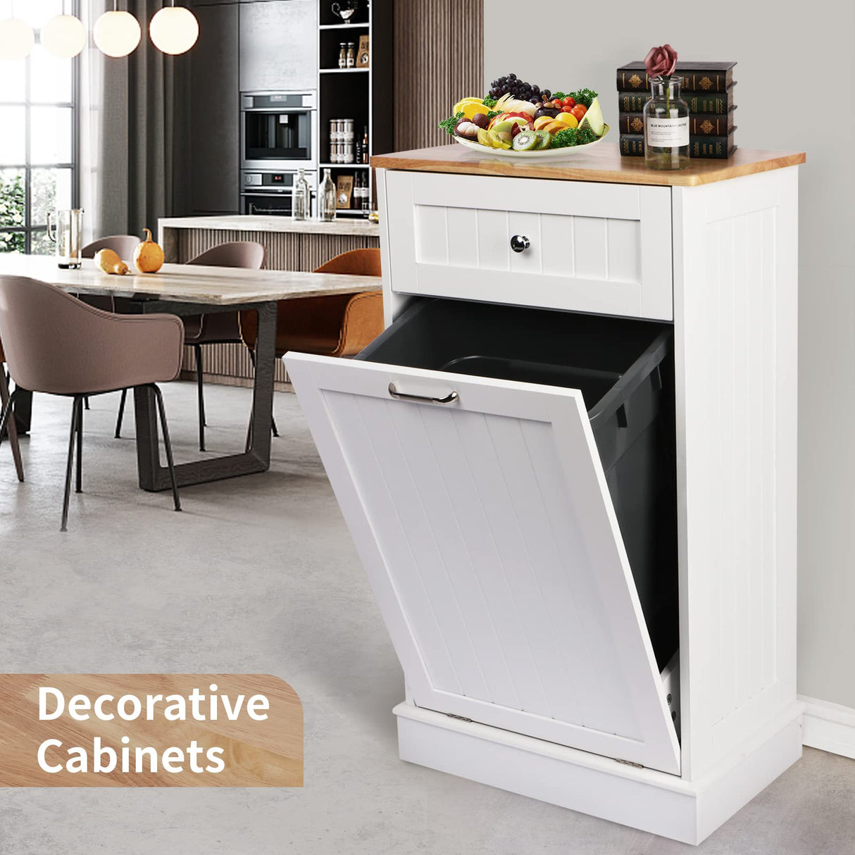 Betterhood Tilt Out Trash Cabinet 10 Gallon Wooden Free Standing Laundry Sorter Cabinet,Recycling Cabinet with Hideaway Drawer,Tilt Out Trash Cabinet Can Bin Kitchen (White) Betterhood