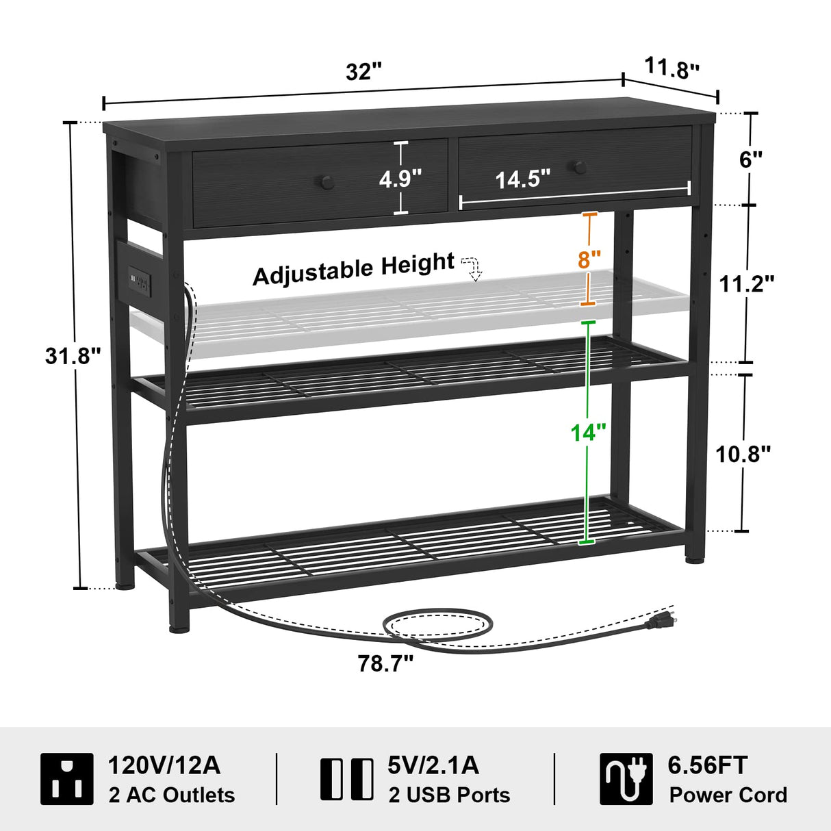 Ecoprsio Entryway Table with Outlets and USB Ports, Console Table with 2 Drawers, Small Sofa Table with Storage Shelves for Living Room, Couch, Hallway, Foyer, Kitchen Counter, 32'', Black Ecoprsio