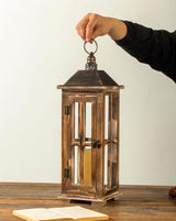 Large Farmhouse Wooden Decorative Lantern Set of 2, Rustic Distressed Brown Burnt Wood Floor Candle Lanterns, Indoor/Outdoor Hanging Lanterns for Home Decor (No Glass) TIMRIS