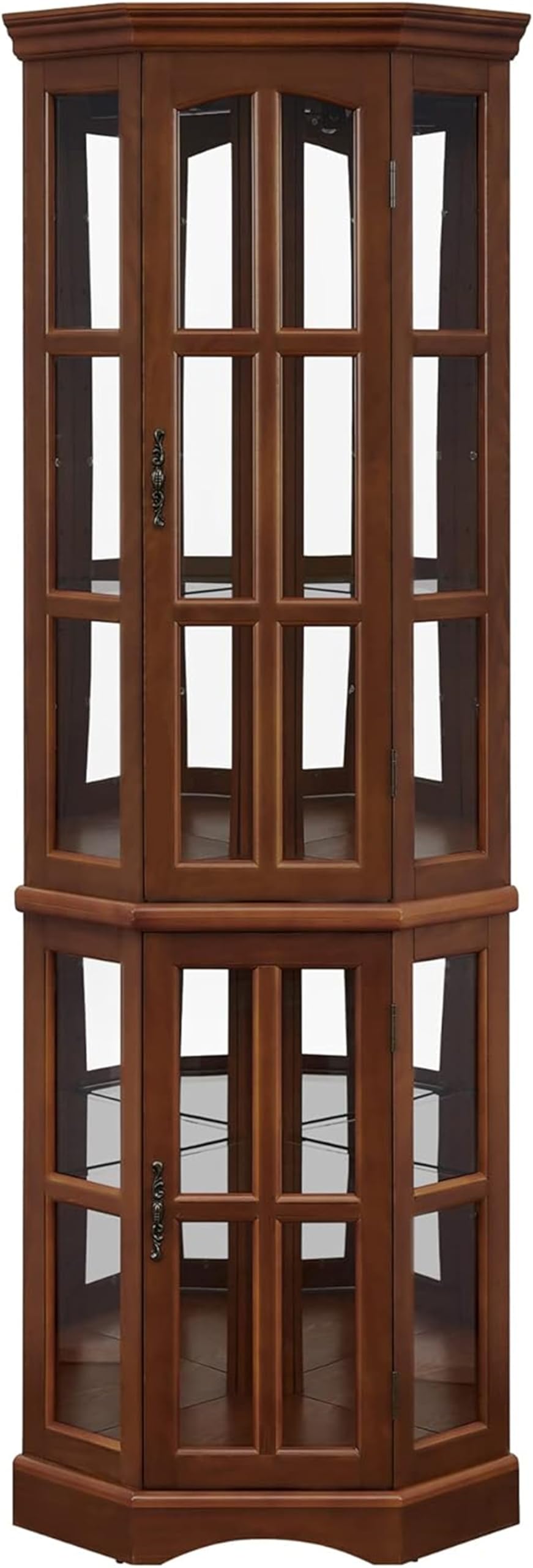 HOMIQUEEN Corner Curio Display Cabinet with 5 Shelves and Lighting System, Wooden Accent China Cabinet with Tempered Glass Doors for Living Room, Bar and Liquor Storage Area (Walnut) - WoodArtSupply