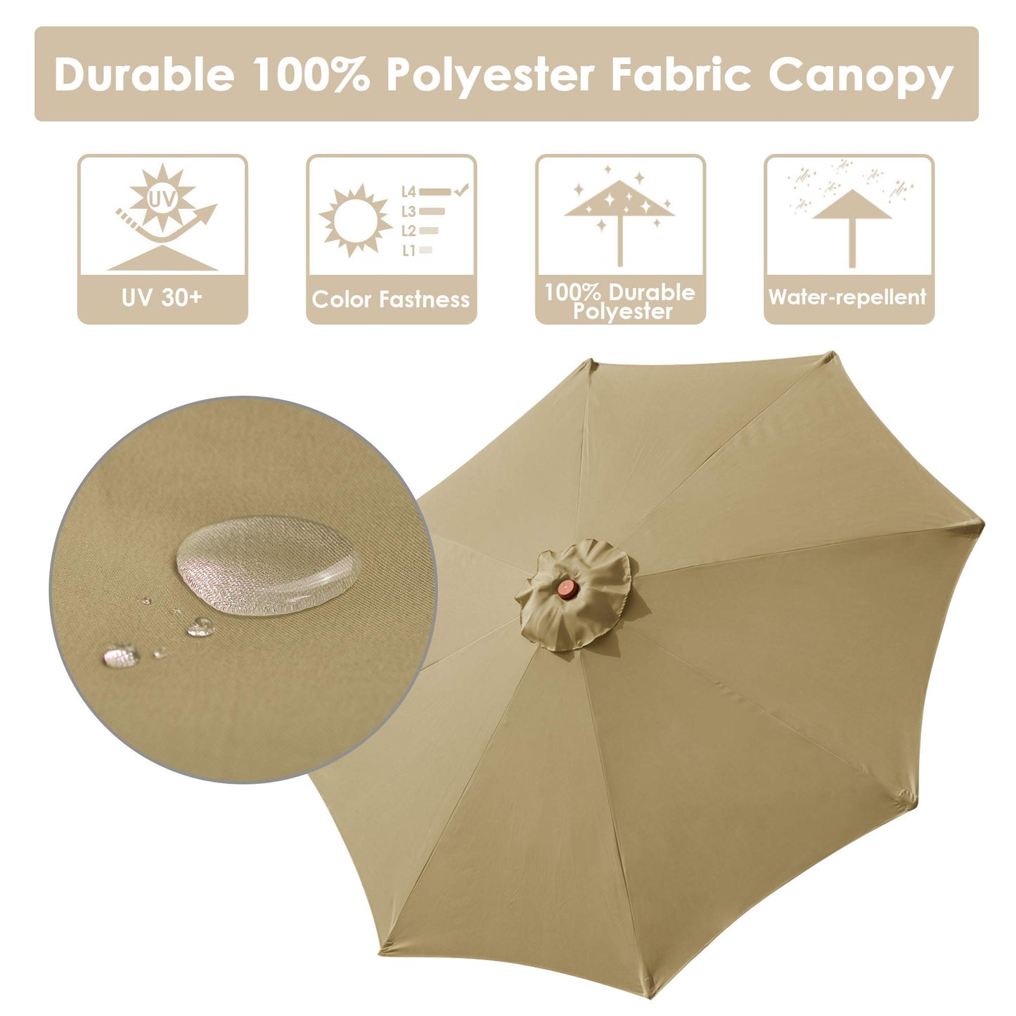 Yescom 9ft Tan Wooden Outdoor Patio Table Umbrella with Pulley Market Garden Yard Beach Deck Cafe Decor Sunshade