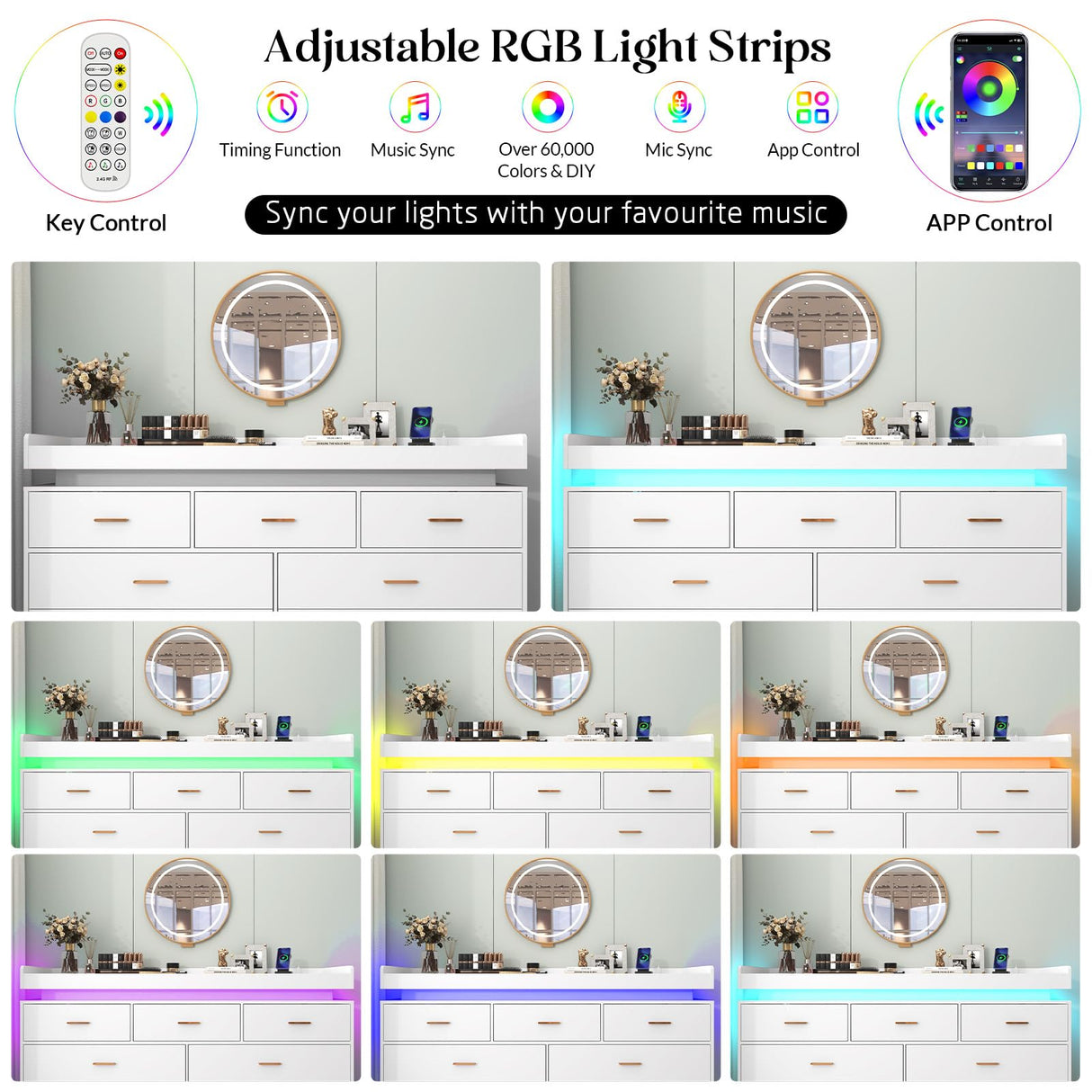 Hlivelood 7 Drawer Dresser with LED Light and Charging Station, Modern Chest of Drawers for Closet, Wide Drawer Organizer Cabinet for Bedroom, Living Room, Entryway, Hallway, White Hlivelood